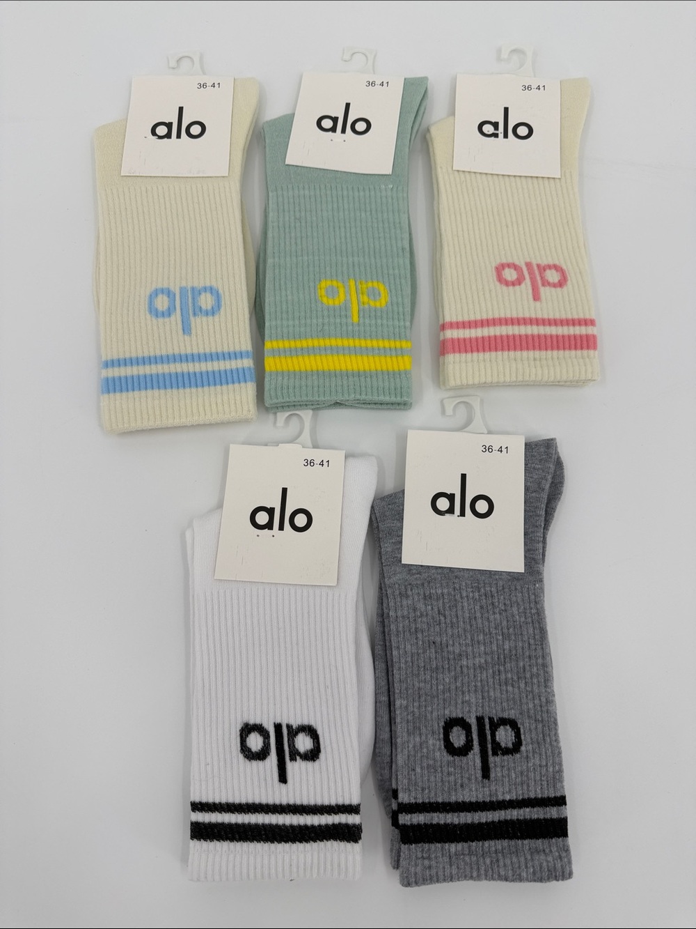 ALO Yoga Ribbed Crew Socks - Cream, Mint, White, Gray with Accent Stripes 5 Pcs